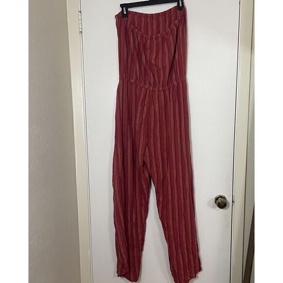 Anthropologie DREW Red stripe strapless emerson split leg Jumpsuit Linen Large - Picture 7 of 7